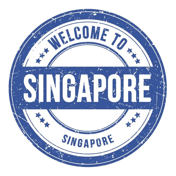 Bem Vindo Singapore Cingapore Palavras Escritas Carimbo Moeda Azul Redonda — Fotografia de Stock
