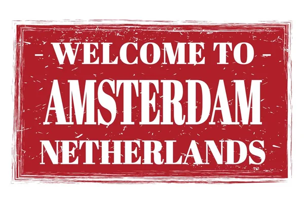 Welkom Naar Amsterdam Nederland Woorden Geschreven Rode Rechthoek Postzegel — Stockfoto