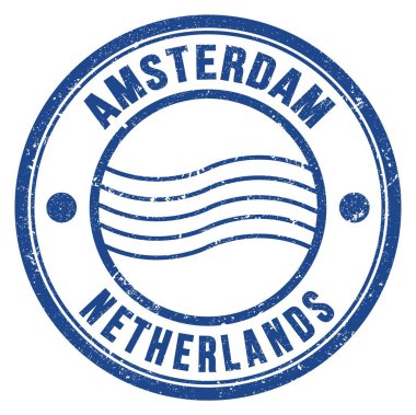 AMSTERDAM - NETHERLANDS, mavi yuvarlak posta pulu üzerine yazılmış kelimeler
