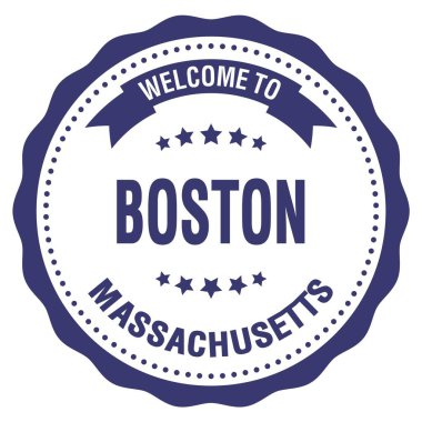 BOSTON 'a Hoşgeldiniz - Massachusetts, mavi yuvarlak rozet damgası üzerine yazılmış kelimeler