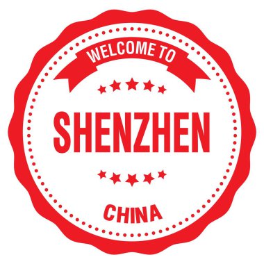 SHENZHEN-ÇİN 'e Hoşgeldiniz, kırmızı yuvarlak rozet damgası üzerine yazılmış kelimeler