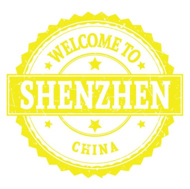 SHENZHEN-ÇİN 'e Hoşgeldiniz, Sarı yuvarlak zig zag damgası üzerine yazılmış kelimeler
