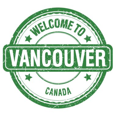 VANCOUVER 'a Hoşgeldiniz - Kanada, yeşil grungy pulu üzerine yazılmış kelimeler