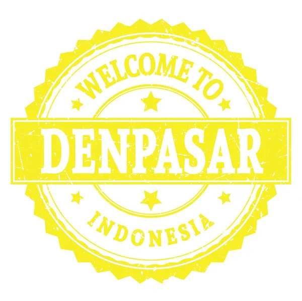 Benvenuti Denpasar Indonesia Parole Scritte Zig Zag Rotondo Giallo — Foto Stock