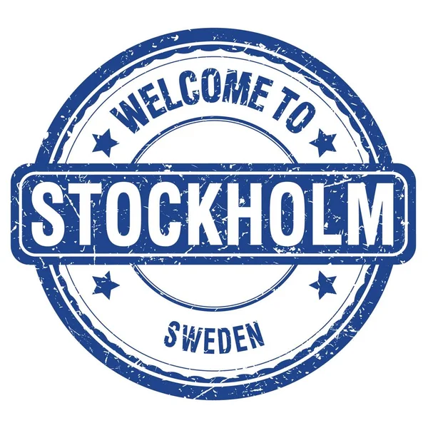 Welcome Stockholm Szwecja Słowa Napisane Niebieskim Znaczku Grungowym — Zdjęcie stockowe