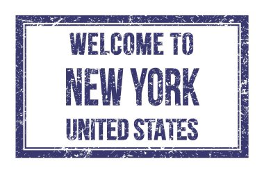 New York 'a Hoşgeldiniz - Birleşik Devletler, mavi dikdörtgen posta puluna yazılmış kelimeler