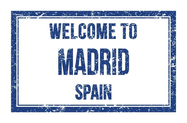 Madrid Hoşgeldiniz Spain Mavi Dikdörtgen Posta Pulu Üzerine Yazılmış Kelimeler — Stok fotoğraf