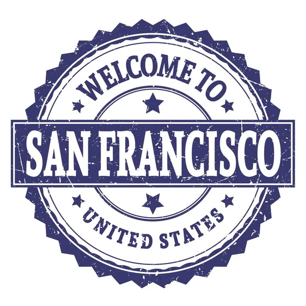 サンフランシスコへようこそ アメリカ合衆国 ワードは青丸ジグザグ切手に書かれています — ストック写真