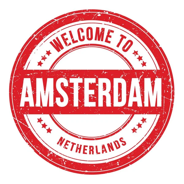 Welcome Amsterdam Netherlands Words Written Light Red Coin Stamp — Stock Photo, Image