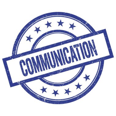 Mavi yuvarlak vintage kauçuk damga üzerine yazılmış COMUNICATION metni.