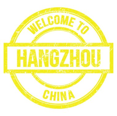 Hangzhou 'ya hoş geldiniz. - ÇİN, basit sarı pulla yazılmış kelimeler.