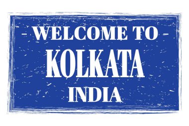 KOLKATA-INDIA 'ya hoşgeldiniz, mavi dikdörtgen posta damgası üzerine yazılmış kelimeler