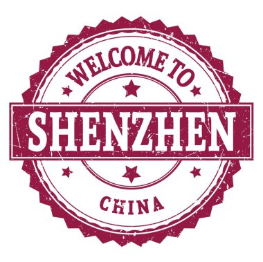 SHENZHEN-ÇİN 'e hoş geldiniz, koyu kırmızı zig zag damgası üzerine yazılmış kelimeler