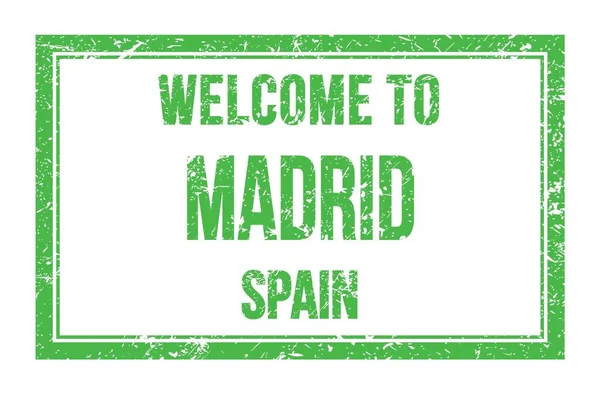 Madrid Hoşgeldiniz Spain Yeşil Dikdörtgen Posta Pulu Üzerine Yazılmış Kelimeler — Stok fotoğraf