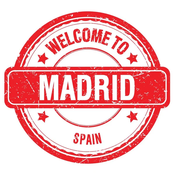 Welcome Madrid Hiszpania Słowa Napisane Czerwonym Znaczku Grungowym — Zdjęcie stockowe