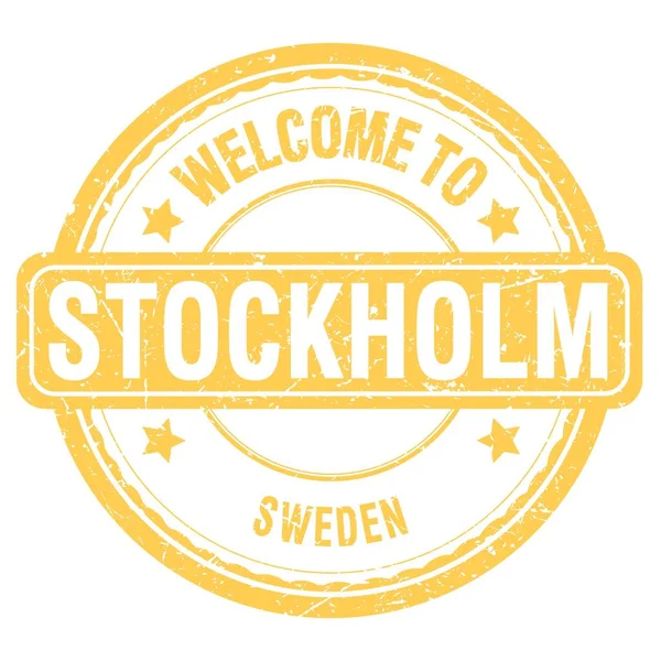 Welcome Stockholm Szwecja Słowa Napisane Żółtym Znaczku Grungowym — Zdjęcie stockowe