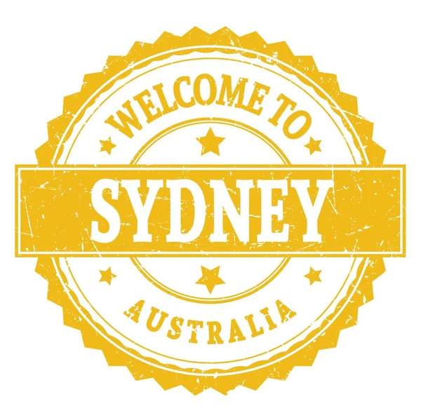 Welcome Sydney Australia Napis Żółtym Okrągłym Znaczku Zygzakowym — Zdjęcie stockowe