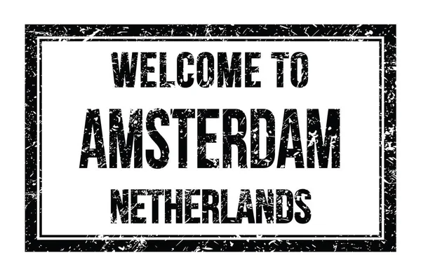 Welcome Amsterdam Netherlands Words Written Black Rectangle Post Stamp — Stock Photo, Image