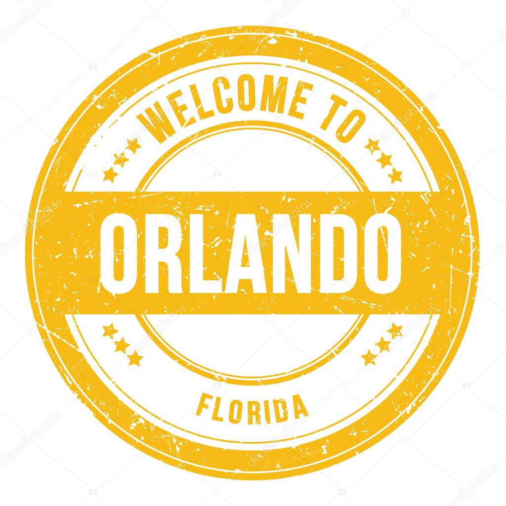WELCOME TO ORLANDO - FLORIDA, words written on yellow round coin stamp