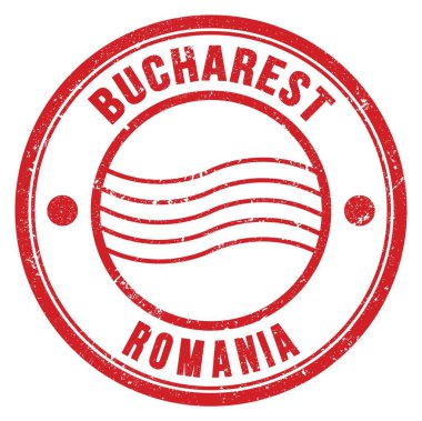 BUCHAREST - ROMANIA, kırmızı yuvarlak posta pulu üzerine yazılmış kelimeler