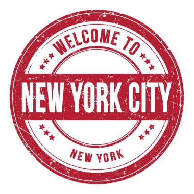 New York Şehri 'ne hoş geldiniz. New York, kırmızı yuvarlak bozuk para damgası üzerine yazılmış kelimeler.
