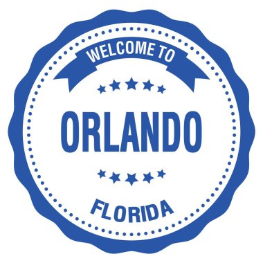 Orlando 'ya hoşgeldiniz - Florida, açık mavi yuvarlak rozet damgası üzerine yazılmış kelimeler