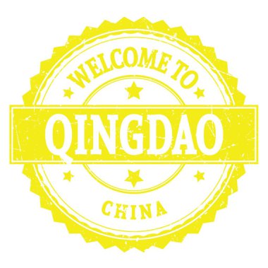 QINGDAO-ÇİN 'a hoşgeldiniz, sarı yuvarlak zig zag damgası üzerine yazılmış kelimeler.