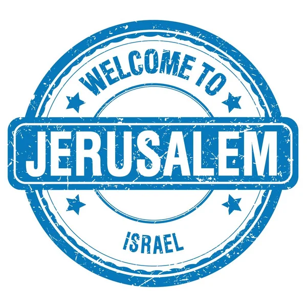 Benvenuti Gerusalemme Israele Parole Scritte Sul Francobollo Azzurro — Foto Stock