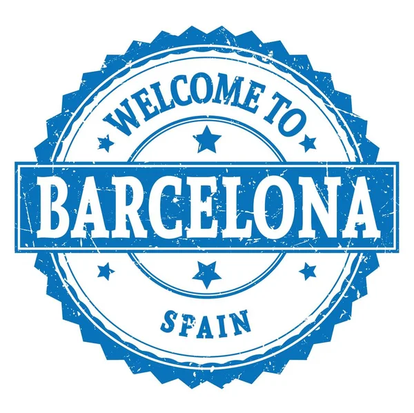Vítejte Barcelona Španělsko Slova Napsaná Modrém Kulatém Klikatém Razítku — Stock fotografie