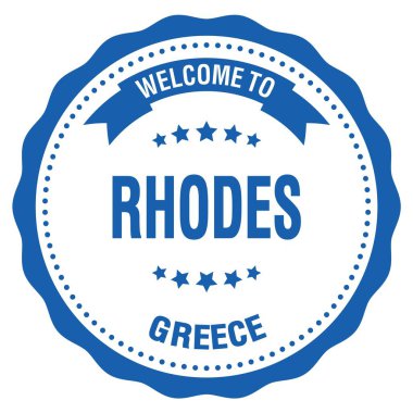 RHODES 'a Hoşgeldiniz - GREECE, Yunanca mavi yuvarlak rozet damgası üzerine yazılmış kelimeler