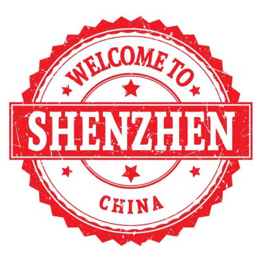SHENZHEN-ÇİN 'e Hoşgeldiniz, kırmızı yuvarlak zig zag damgası üzerine yazılmış kelimeler