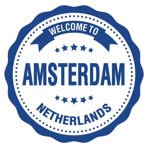 Üdvözli Amsterdam Hollandia Kék Kerek Jelvényre Írt Szavak — Stock Fotó