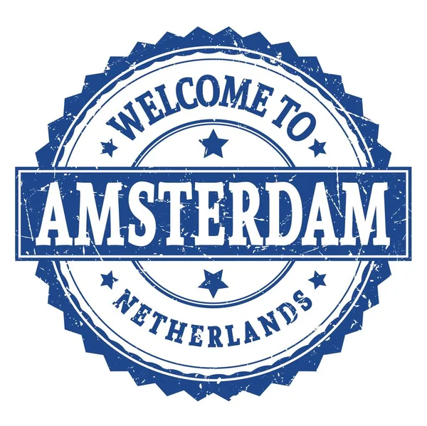 Welcome Amsterdam Netherlands Words Written Blue Zig Zag Stamp — Stock Photo, Image