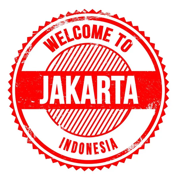 Välkommen Till Jakarta Indonesien Ord Skrivna Röd Sicksackstämpel — Stockfoto