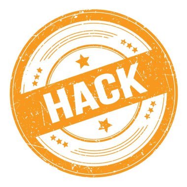 Turuncu yuvarlak grungy doku damgası üzerine hack metni.