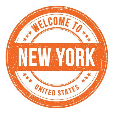 New York 'a Hoşgeldiniz - Birleşik Devletler, turuncu yuvarlak bozuk para damgası üzerine yazılmış kelimeler