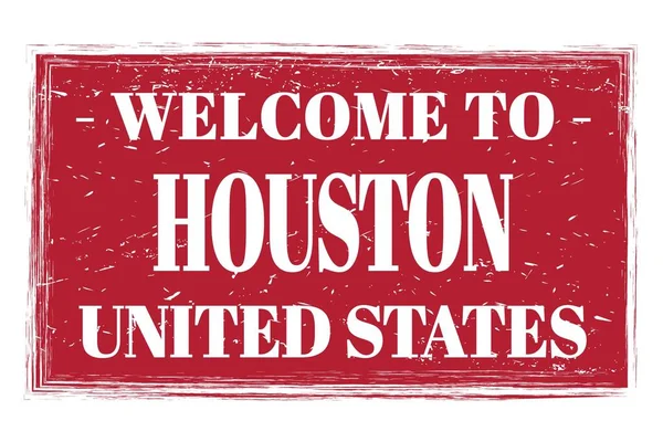 ようこそヒューストンへ アメリカ合衆国 ワードは赤の長方形のポストスタンプに書かれて — ストック写真