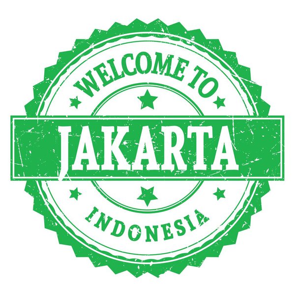 ДОБРО ДОБРО ДЖАКАРТЫ - ИНДОНЕЗИЯ, слова написаны на зеленой круглой почтовой марке