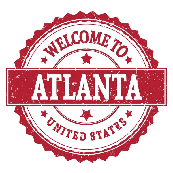 Vítejte Atlanty Spojené Státy Slova Napsaná Červeném Kruhovém Klikatém Razítku — Stock fotografie