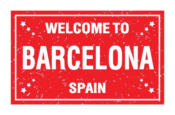 Welkom Naar Barcelona Spanje Woorden Geschreven Rode Rechthoek Vlag Stempel — Stockfoto