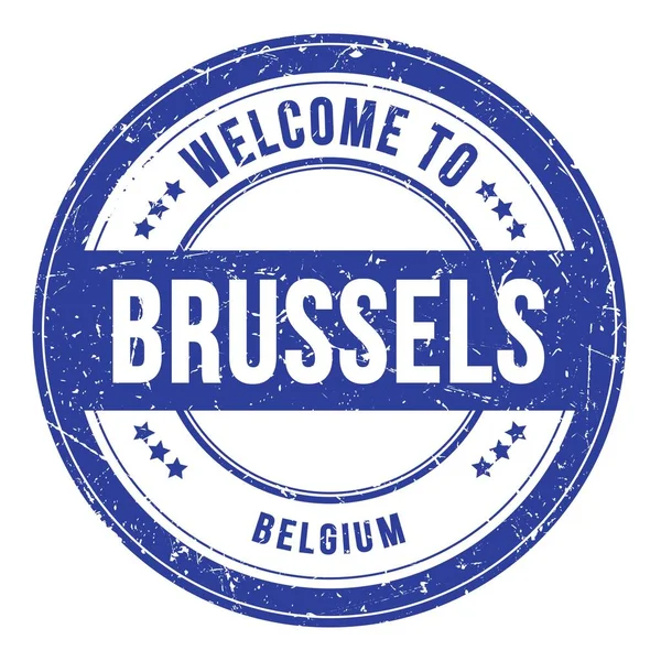 Wybierz Brusselów Belgia Wyrazy Napisane Niebieskim Znaczku Okrągłej Monety — Zdjęcie stockowe