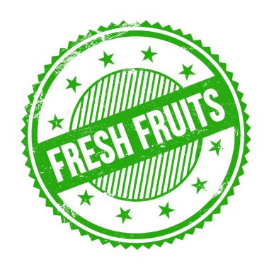 FRESH FRUITS metin yeşil grungy zig zag kenarları yuvarlak pul üzerine yazılmış.