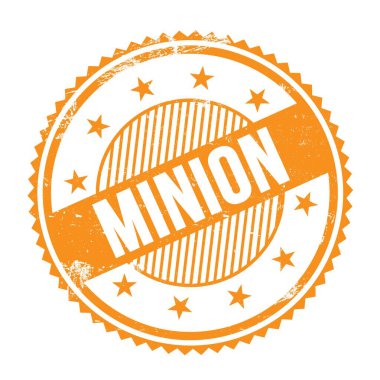 Turuncu grungy zig zag kenarları üzerine yazılmış MINION metni yuvarlak pul.