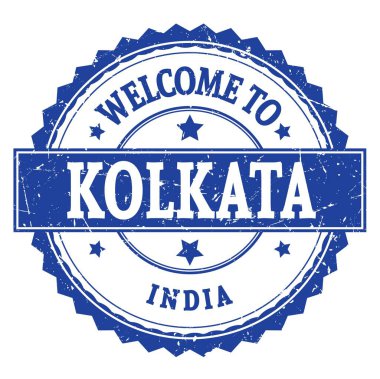 KOLKATA 'ya Hoşgeldiniz - Hindistan, mavi yuvarlak zig zag damgası üzerine yazılmış kelimeler