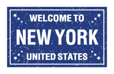 New York 'a Hoşgeldiniz - Birleşik Devletler, açık mavi dikdörtgen damga üzerine yazılmış kelimeler