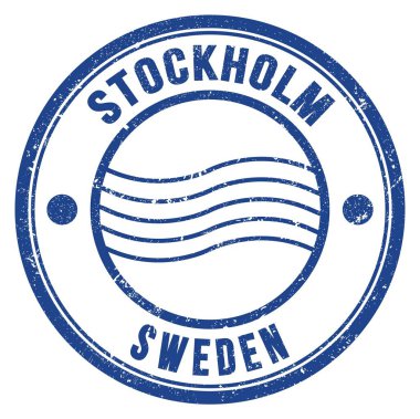 STOCKHOLM - SWEDEN, mavi yuvarlak posta damgası üzerine yazılmış kelimeler