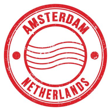 AMSTERDAM - NETHERLANDS, açık kırmızı yuvarlak posta pulu üzerine yazılmış kelimeler