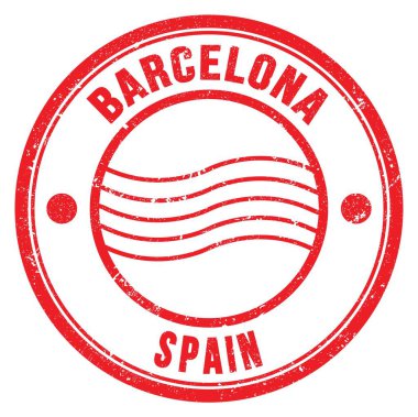 BARCELONA - SPAIN, kırmızı yuvarlak posta pulu üzerine yazılmış kelimeler