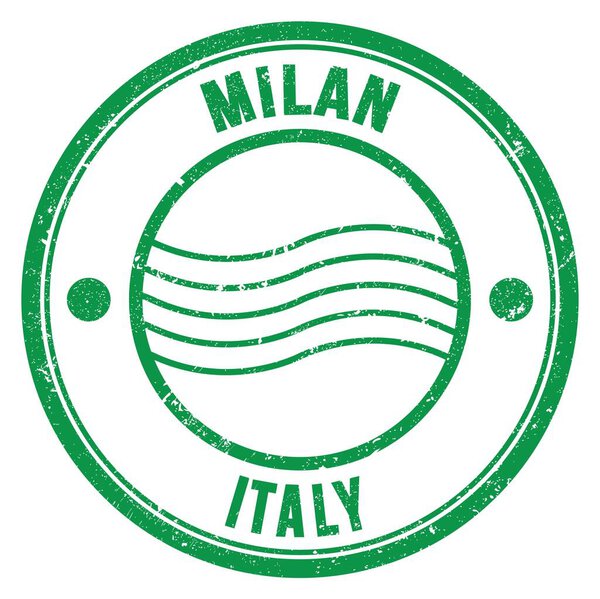 MILAN - ITALY, words written on green round postal stamp