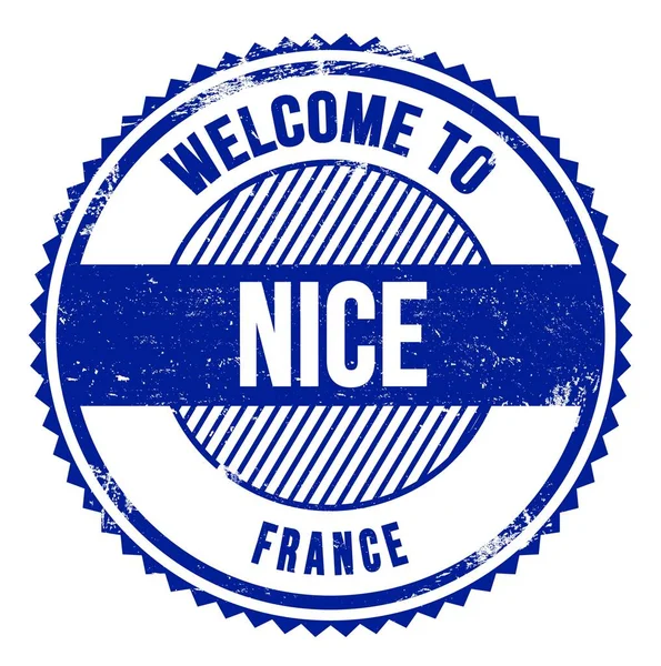 Welcome Nice Francja Napis Niebieskim Znaczku Zygzakowym — Zdjęcie stockowe